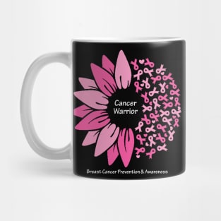 Breast cancer warrior with flower, ribbons & white type Mug